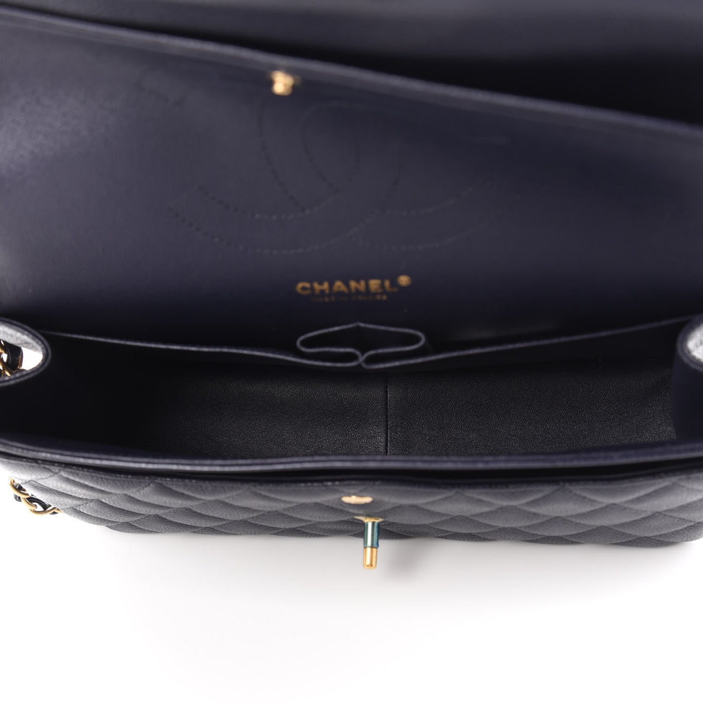Caviar Quilted Jumbo Double Flap Navy Blue