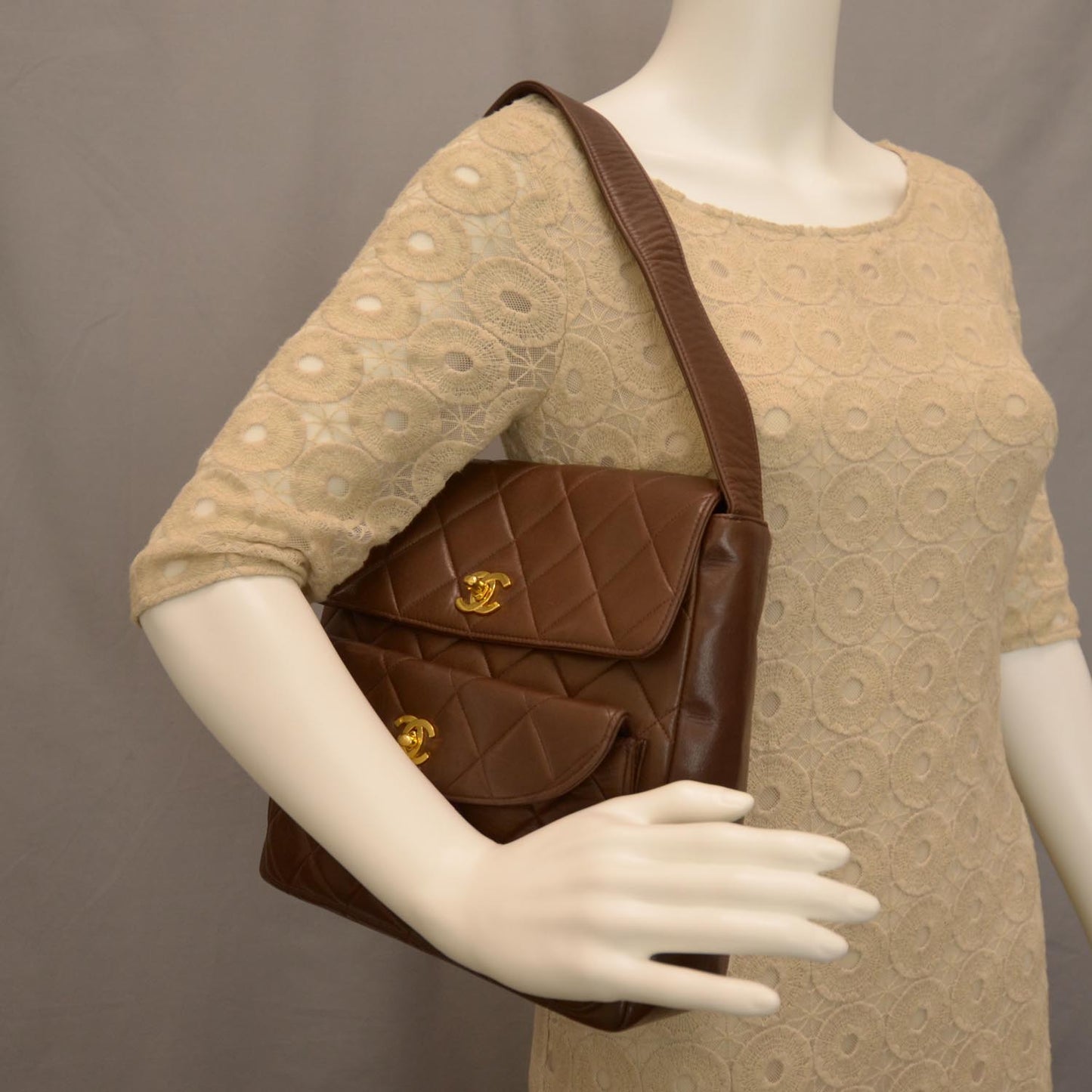 Lambskin Quilted Flap Shoulder Bag Brown