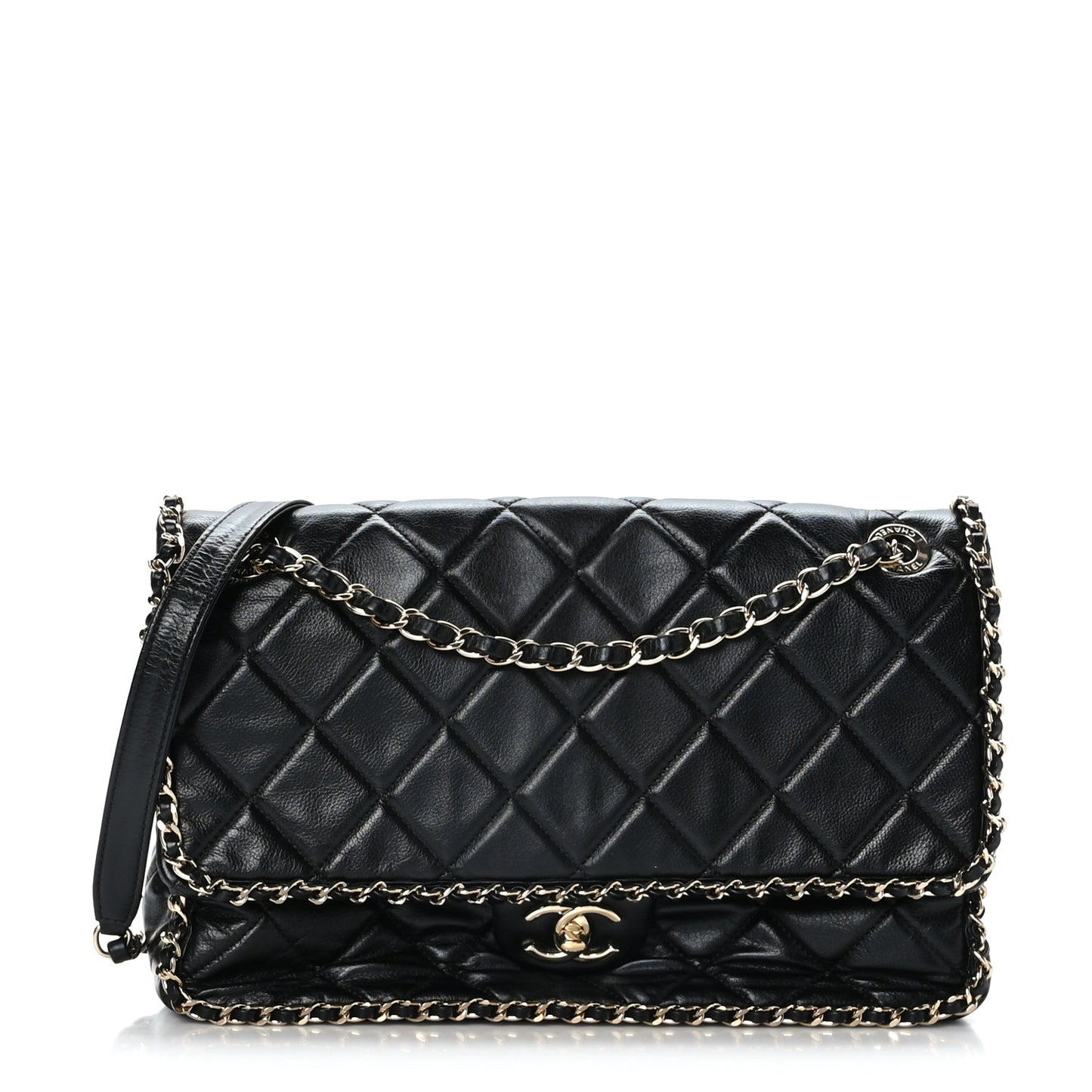 Crumpled Calfskin Quilted Large Chain All Over Flap Bag Black