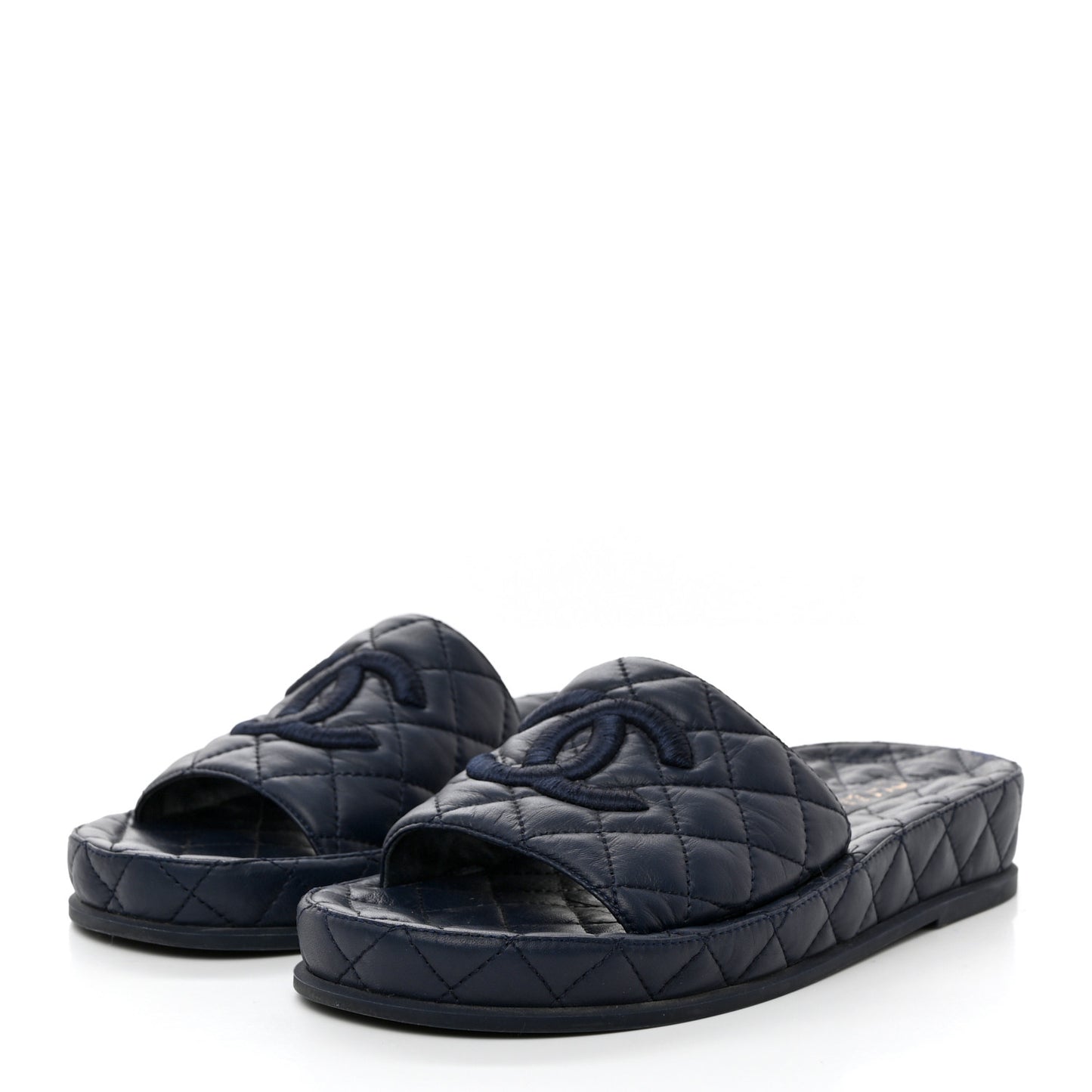 Lambskin Quilted CC Mules Sandals 39 Navy Blue