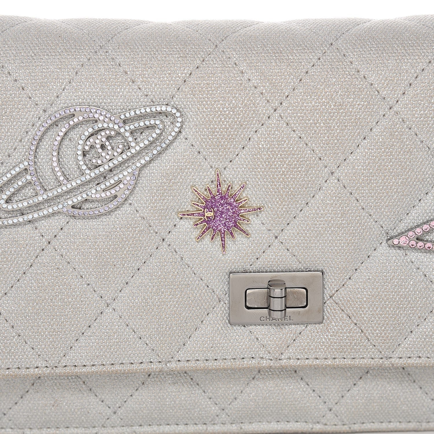 Chanel Metallic Canvas Quilted Space Charms Wallet On Chain WOC Silver 11 of 11