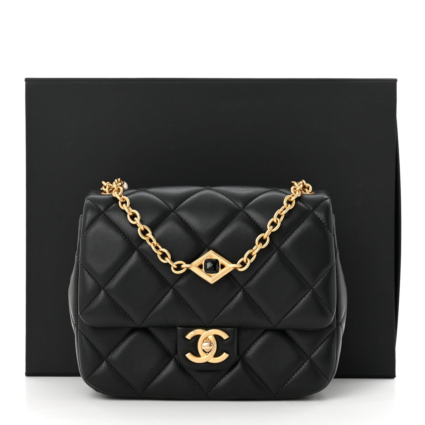 Lambskin Enamel Pearl Quilted Mini Charm Me Square Flap Black