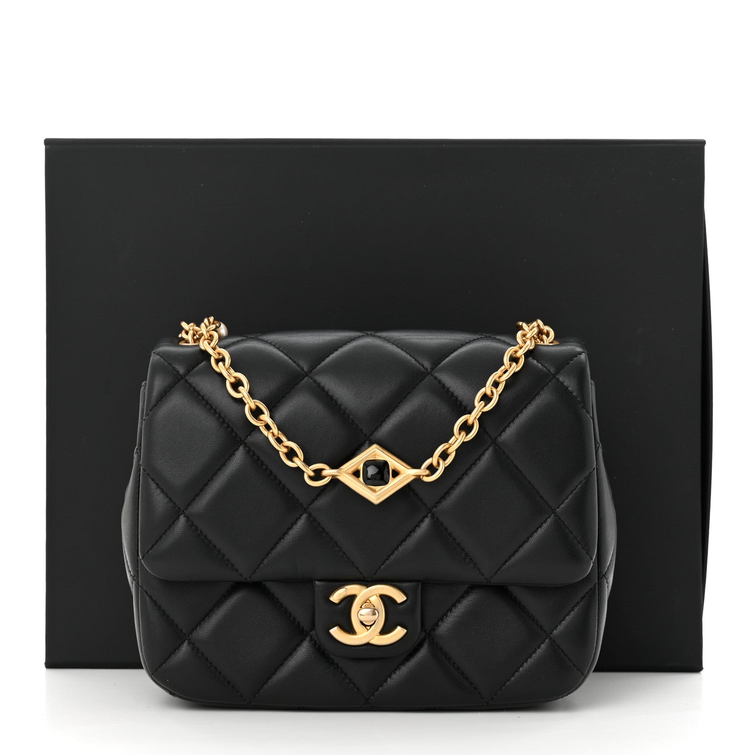 Chanel Lambskin Enamel Pearl Quilted Mini Charm Me Square Flap Black 11 of 11