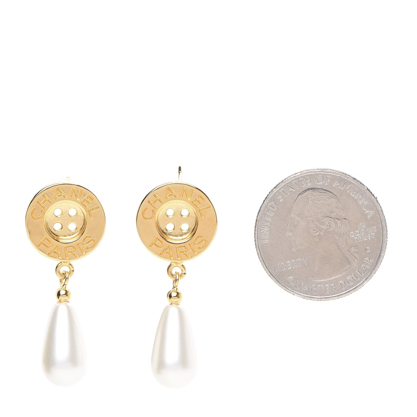 Metal Pearl Paris Button Drop Earrings Gold
