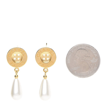 Chanel Metal Pearl Paris Button Drop Earrings Gold 2 of 6