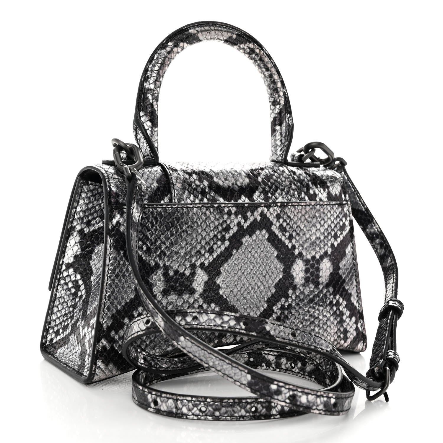 Balenciaga Shiny Calfskin Snakeskin Embossed Hourglass Top Handle Bag XS Silver Black 3 of 9