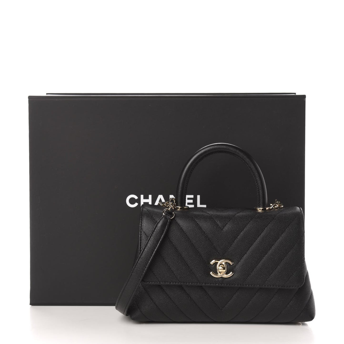 Caviar Chevron Quilted Mini Coco Handle Flap Black