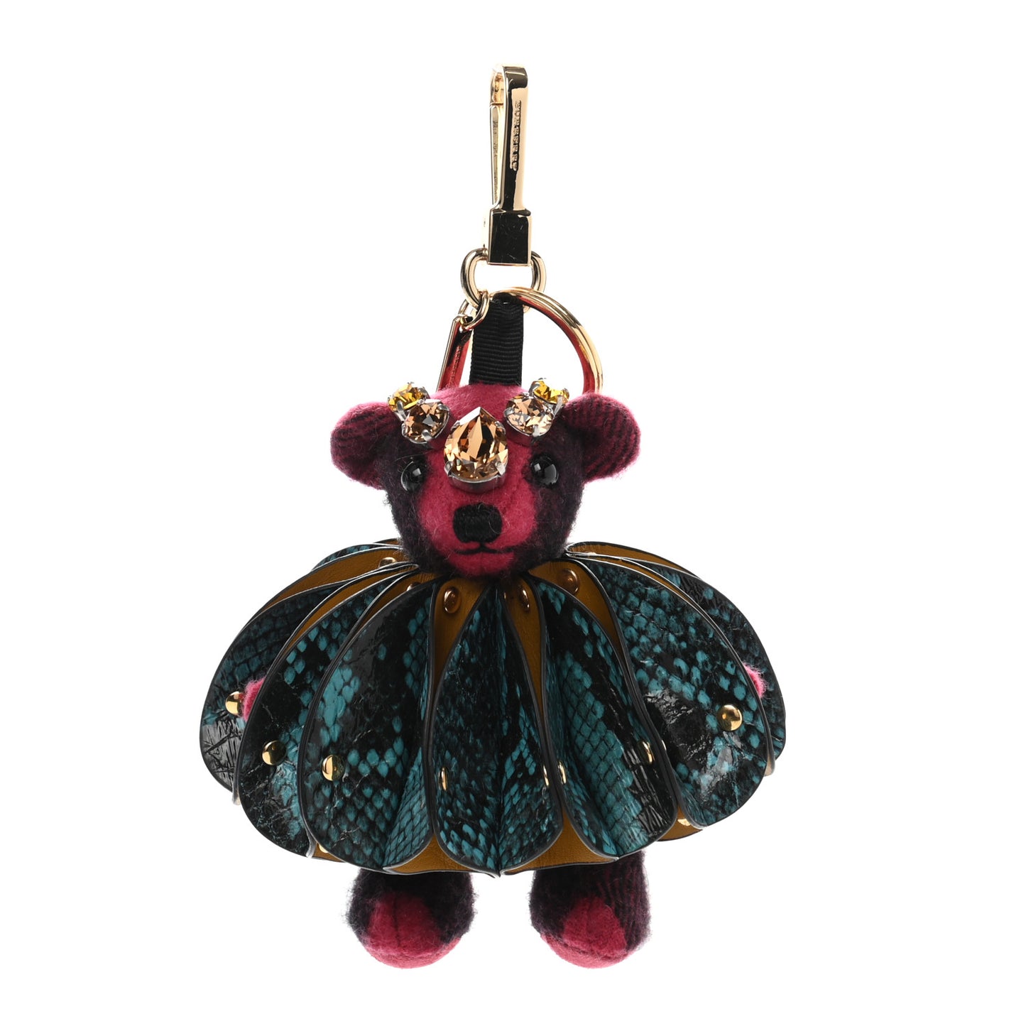 Cashmere Check Calfskin Crystal Concertina Thomas Bear Bag Charm Fuchsia Pink