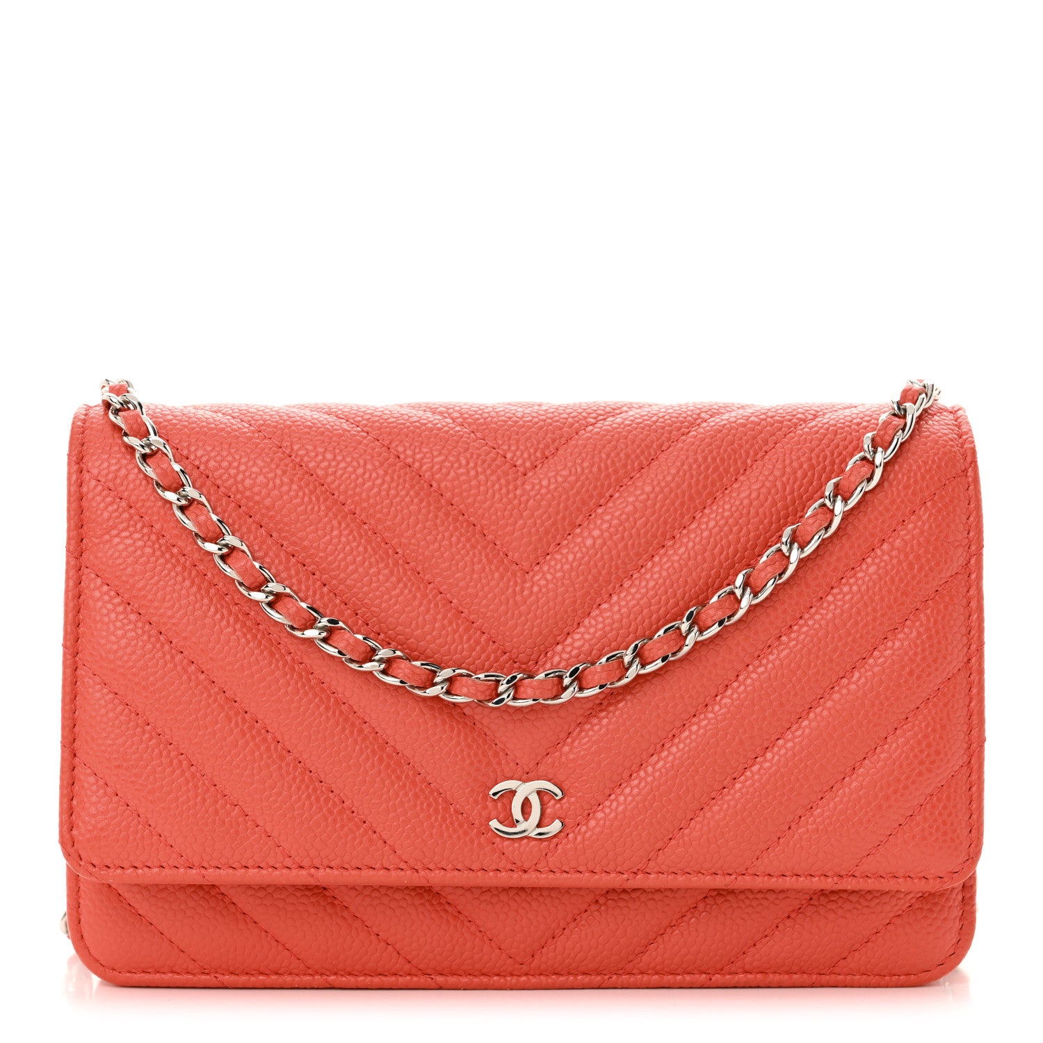 Chanel Caviar Chevron Quilted Wallet On Chain WOC Coral 1 of 14