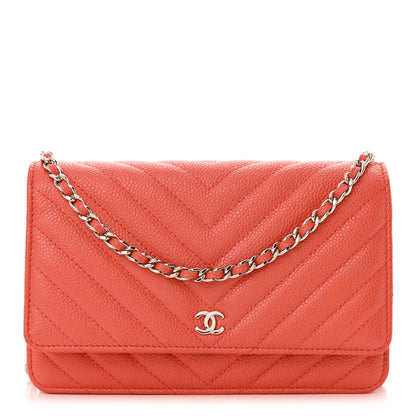 Chanel Caviar Chevron Quilted Wallet On Chain WOC Coral 1 of 14