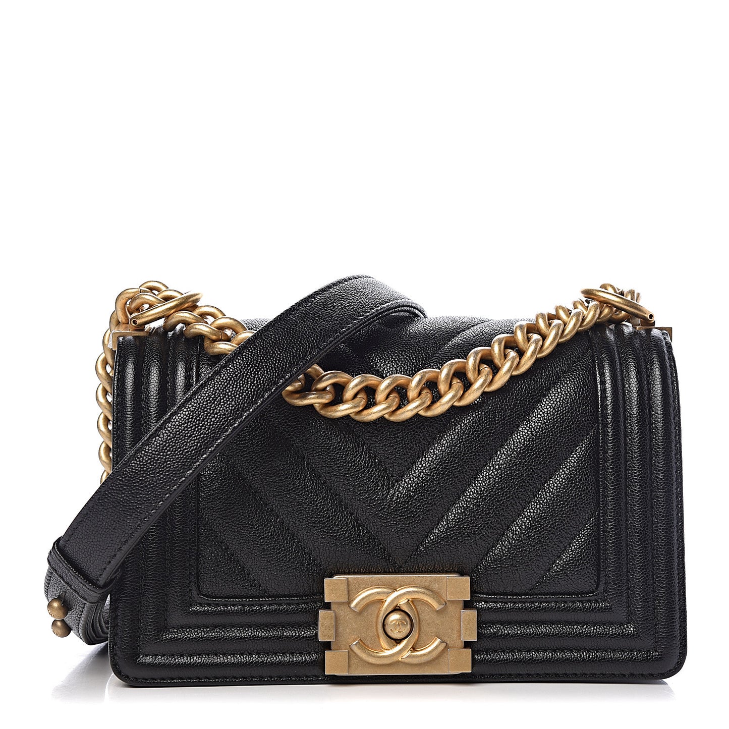 Caviar Chevron Quilted Small Boy Flap Black