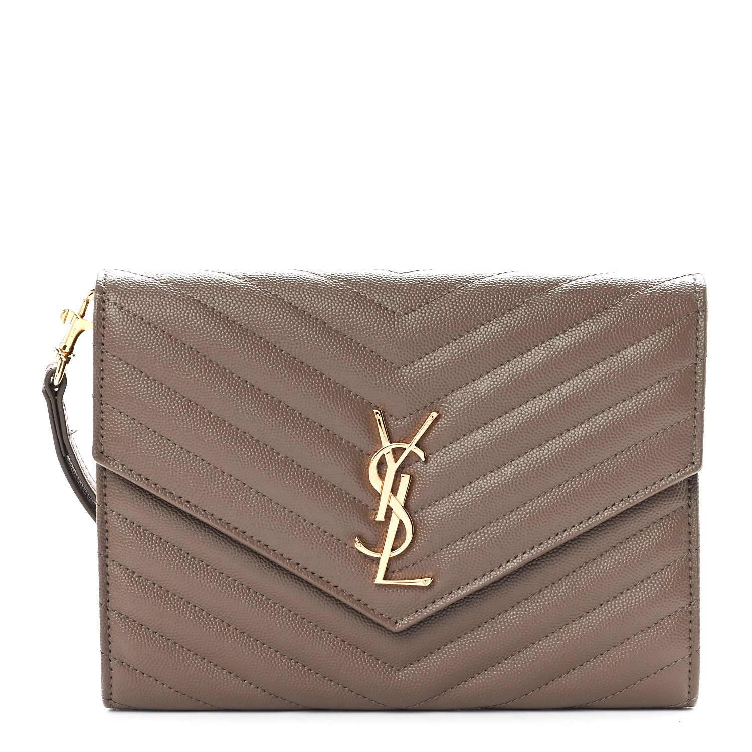 Saint Laurent Grain De Poudre Matelasse Chevron Monogram Envelope Clutch Dark Beige 1 of 11