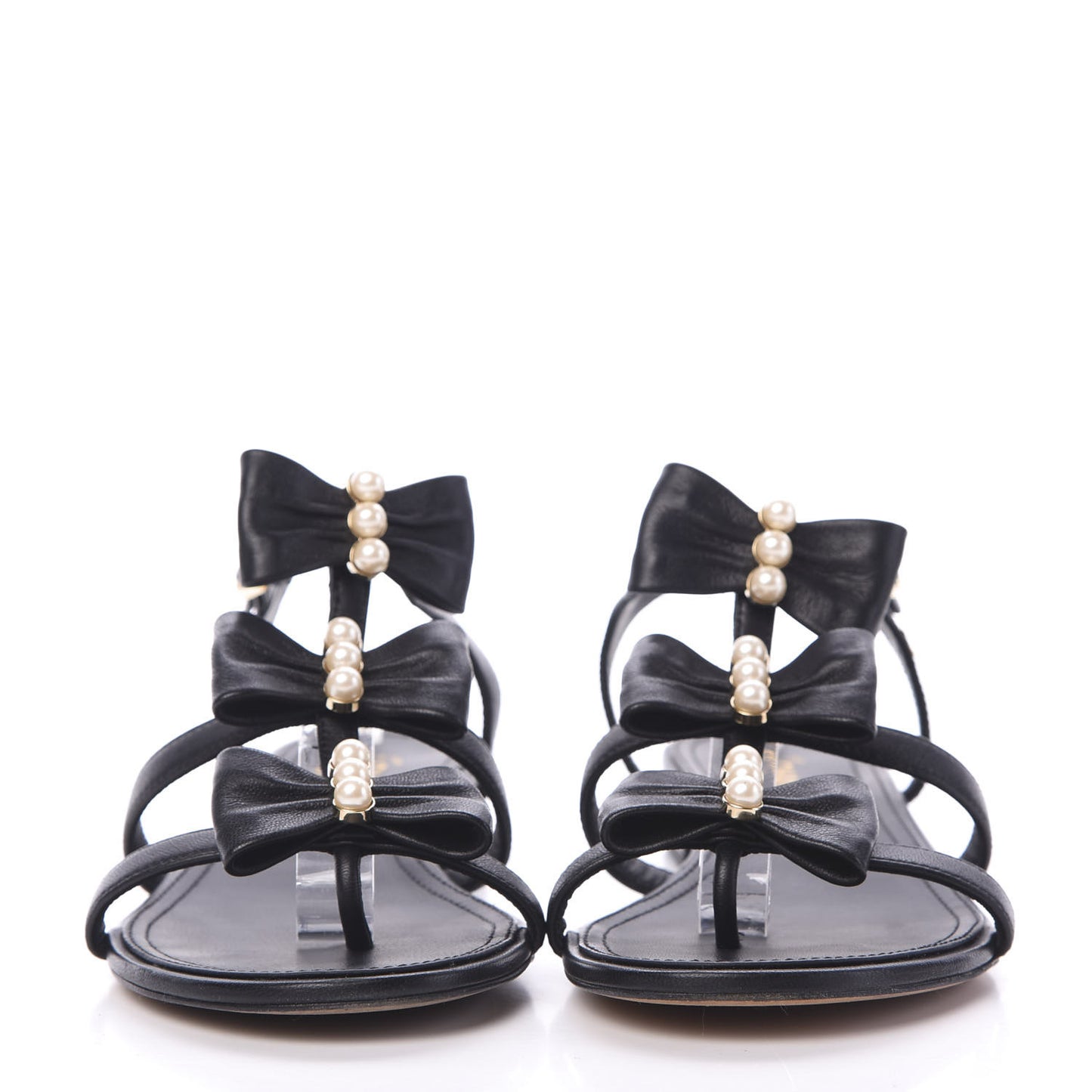 Lambskin Bow Pearl CC Thong Sandals 37.5 Black