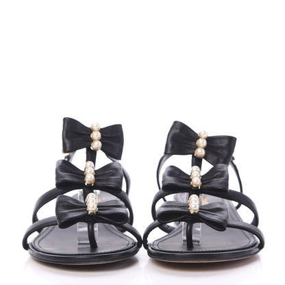 Chanel Lambskin Bow Pearl CC Thong Sandals 37.5 Black 2 of 9
