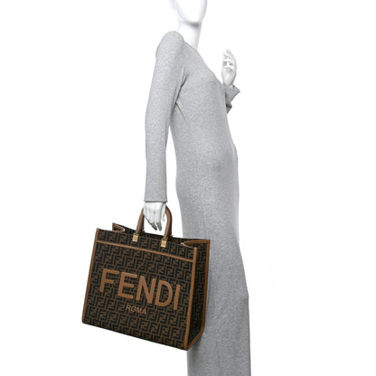 Fendi Fabric Jacquard FF 1974 Logo Large Fendi Sunshine Shopper Tote Tobacco Moro Sand 2 of 11