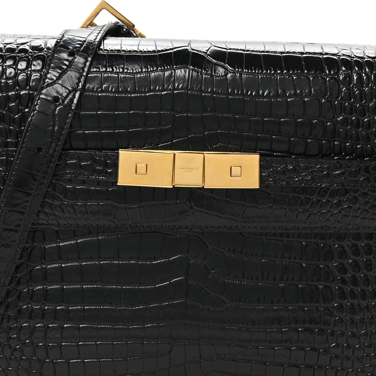 Saint Laurent Shiny Calfskin Crocodile Embossed Manhattan Baguette Black 7 of 9