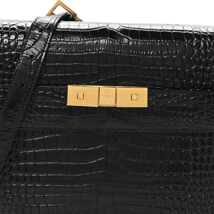 Saint Laurent Shiny Calfskin Crocodile Embossed Manhattan Baguette Black 7 of 9