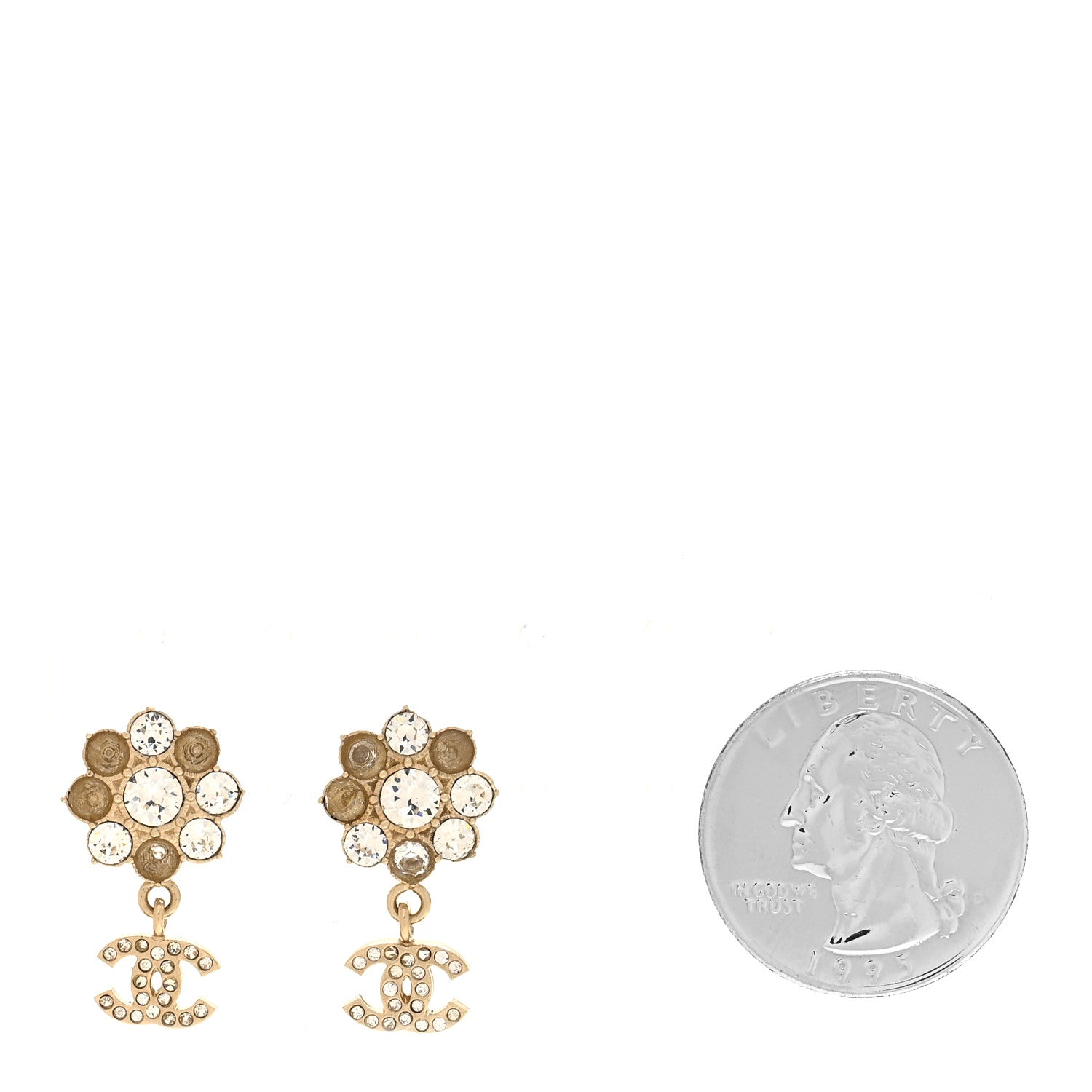 Chanel Crystal CC Flower Dangle Earrings Gold Beige 2 of 5