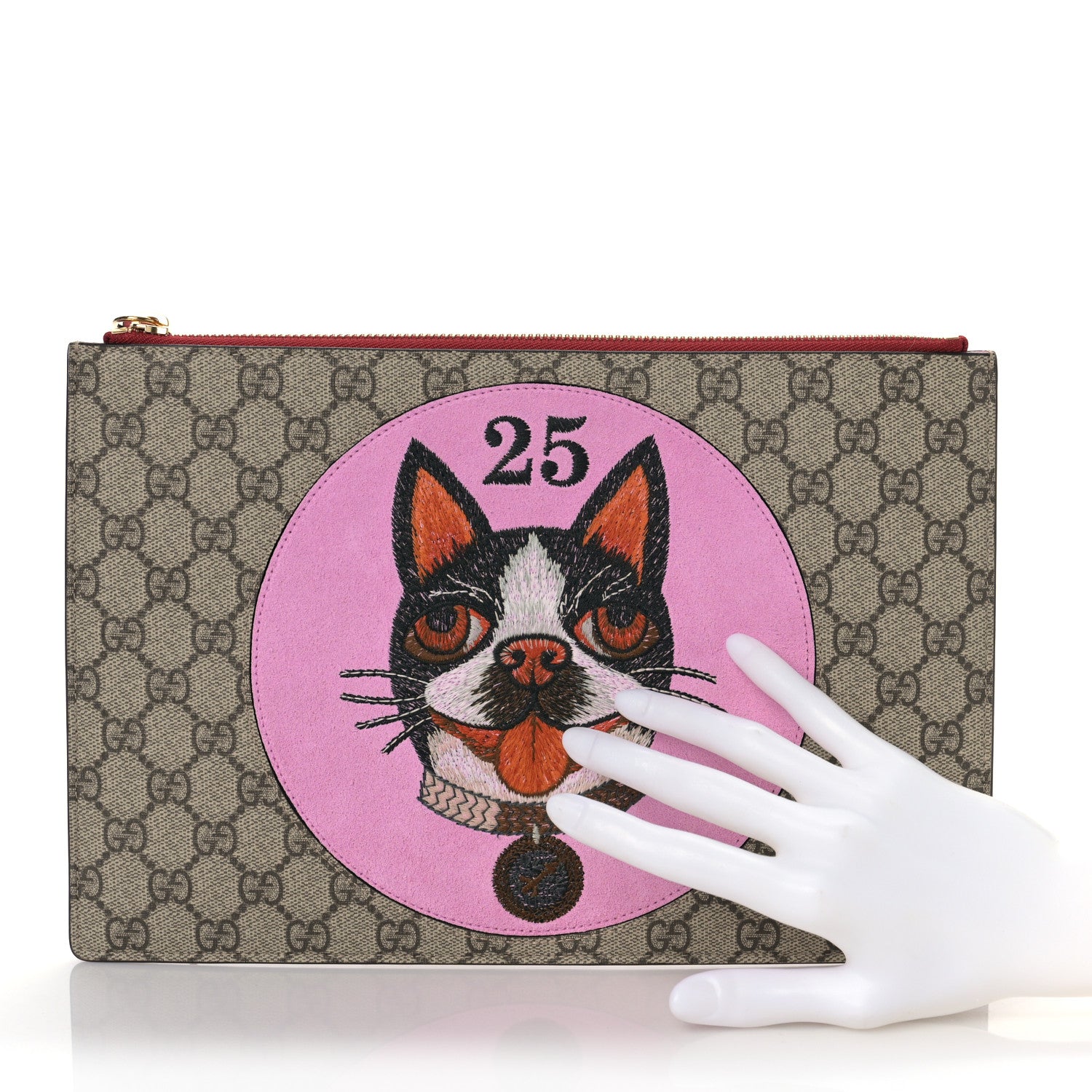 Gucci GG Supreme Monogram Bosco Patch Zip Pouch Beige Malva Hibiscus Red 2 of 8