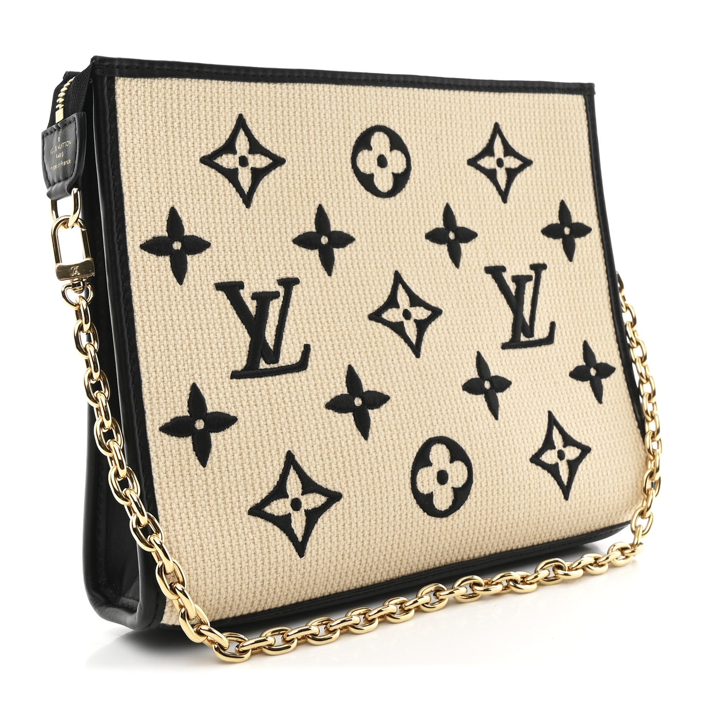 Raffia Calfskin Monogram Toiletry Pouch 26 On Chain Beige Black