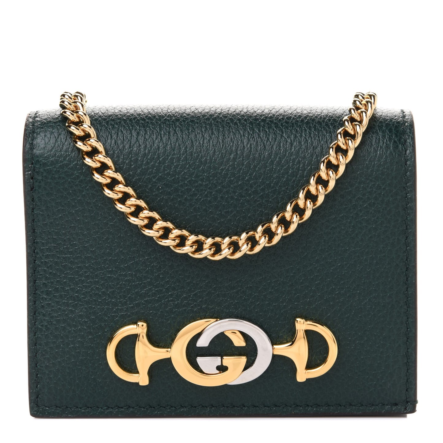 Grainy Calfskin Zumi Chain Card Case Wallet Vintage Green