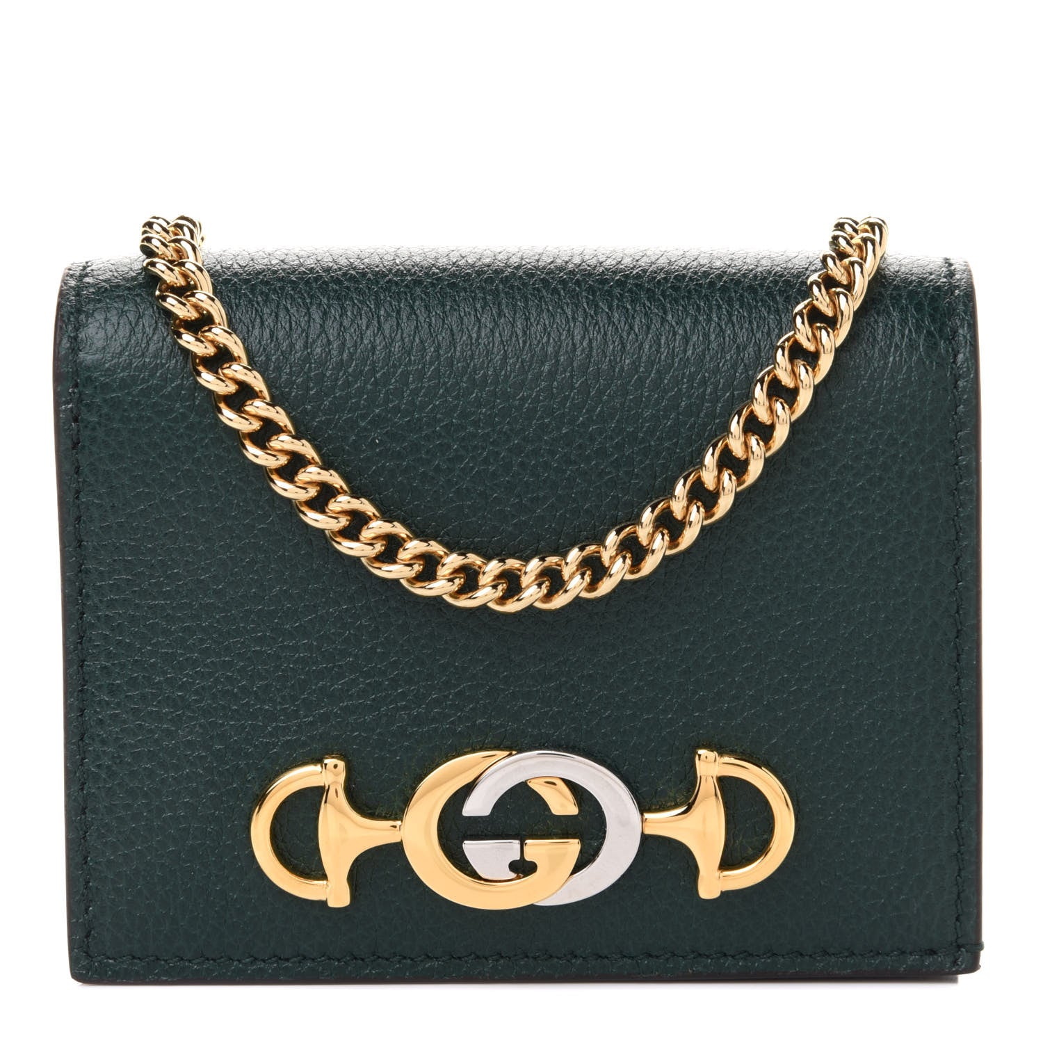Gucci Grainy Calfskin Zumi Chain Card Case Wallet Vintage Green 1 of 8