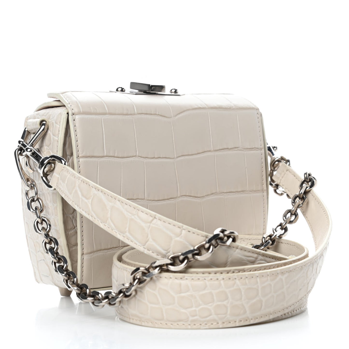 Calfskin Crocodile Embossed Box Shoulder Bag 16 Cream