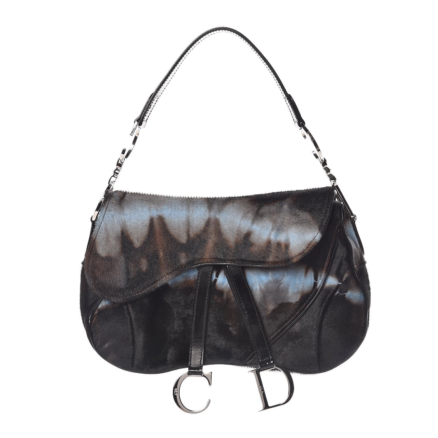 Christian Dior Pony Hair Double Saddle Bag Blue Brown 1 of 11