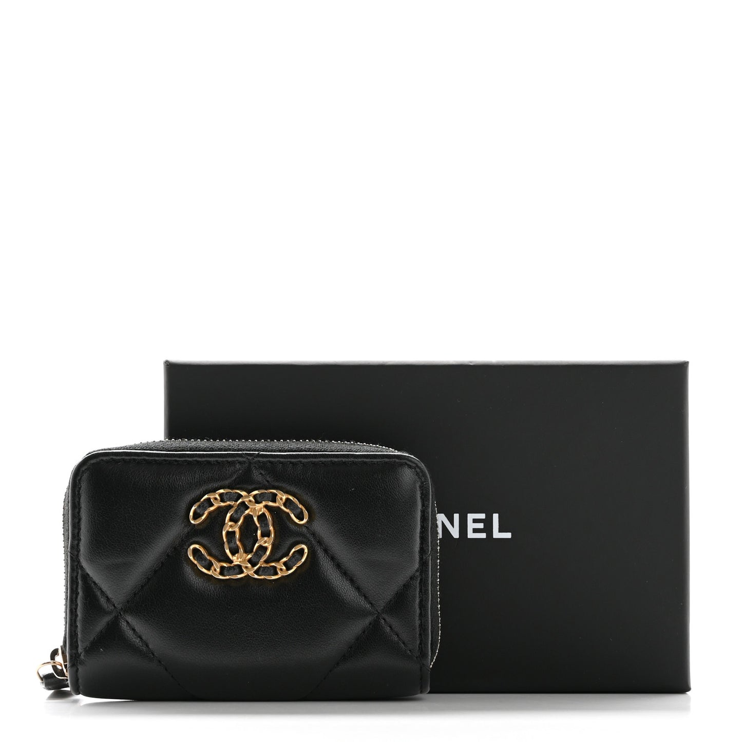 Lambskin Quilted Chanel 19 Zip Around Coin Purse Wallet Black