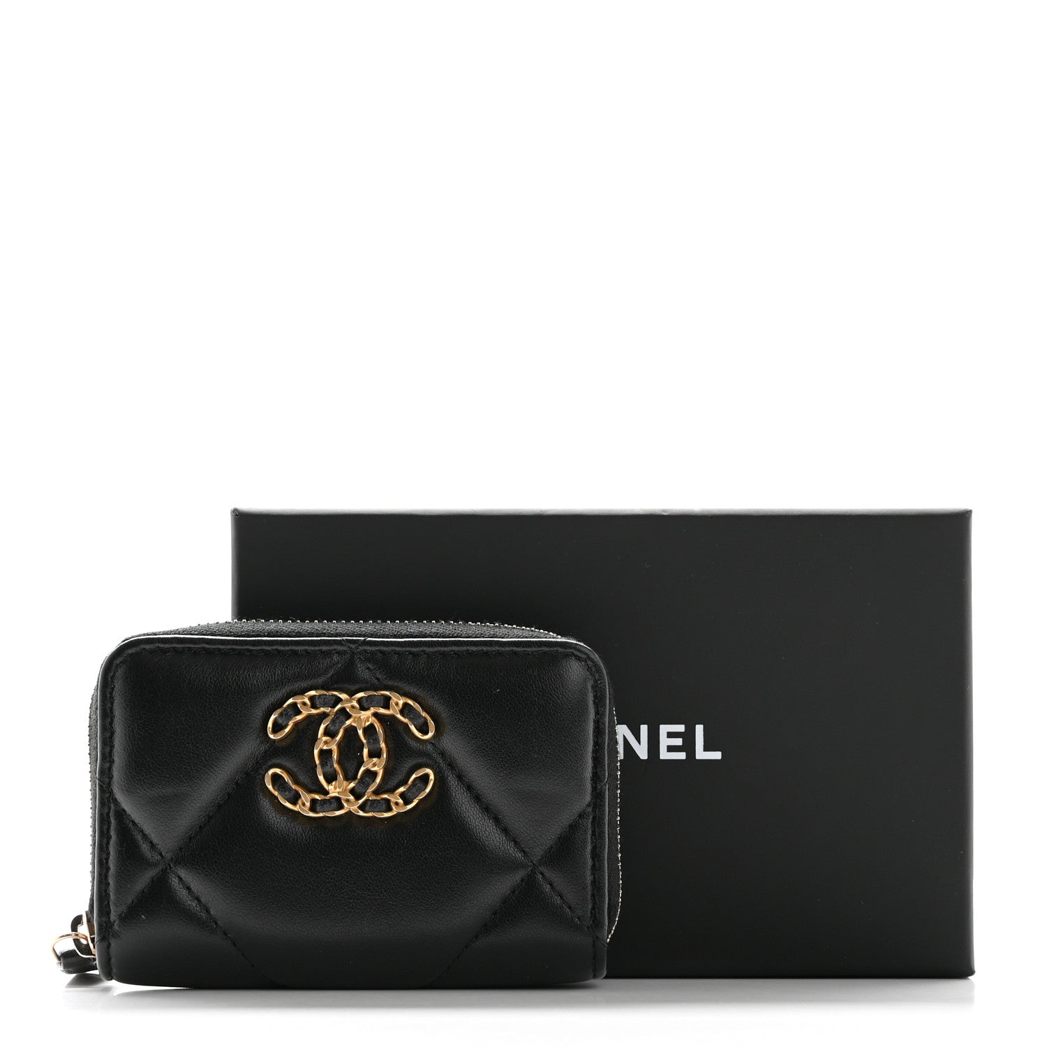 Chanel Lambskin Quilted Chanel 19 Zip Around Coin Purse Wallet Black 9 of 9