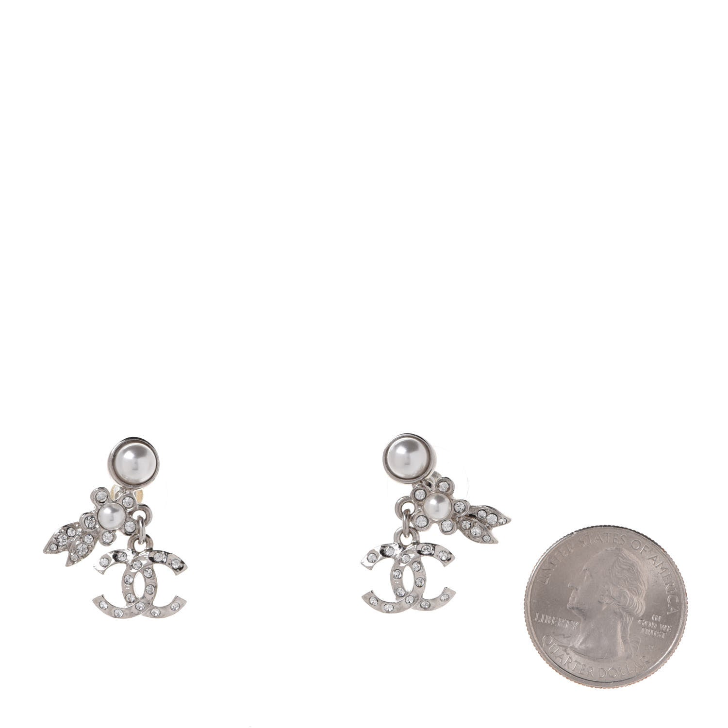 Chanel Crystal Pearl CC Leaf Earrings Silver 2 of 4