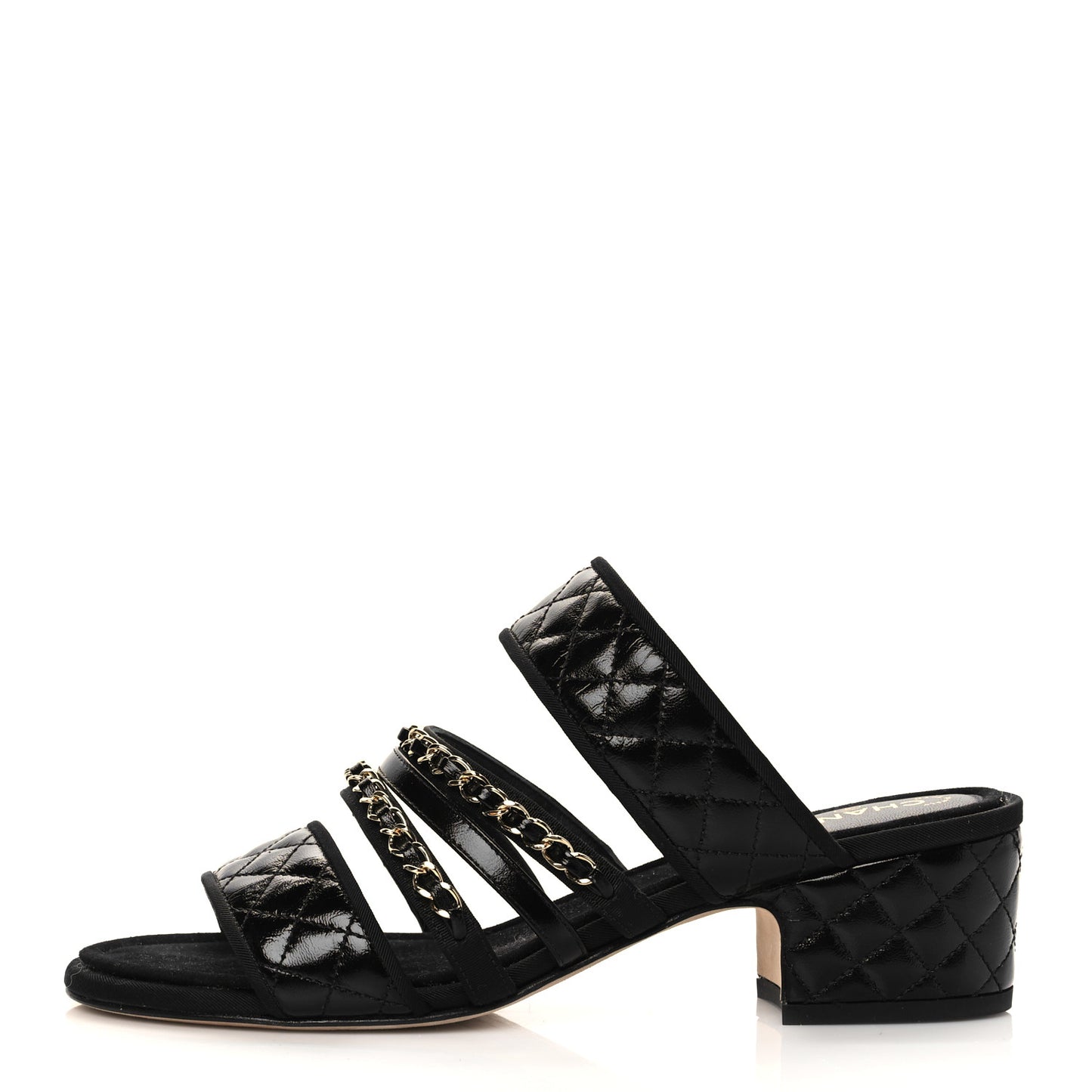 Distressed Patent Quilted Chain Mule Sandals 37.5 Black