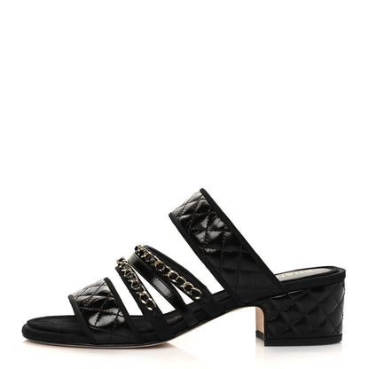Chanel Distressed Patent Quilted Chain Mule Sandals 37.5 Black 1 of 9