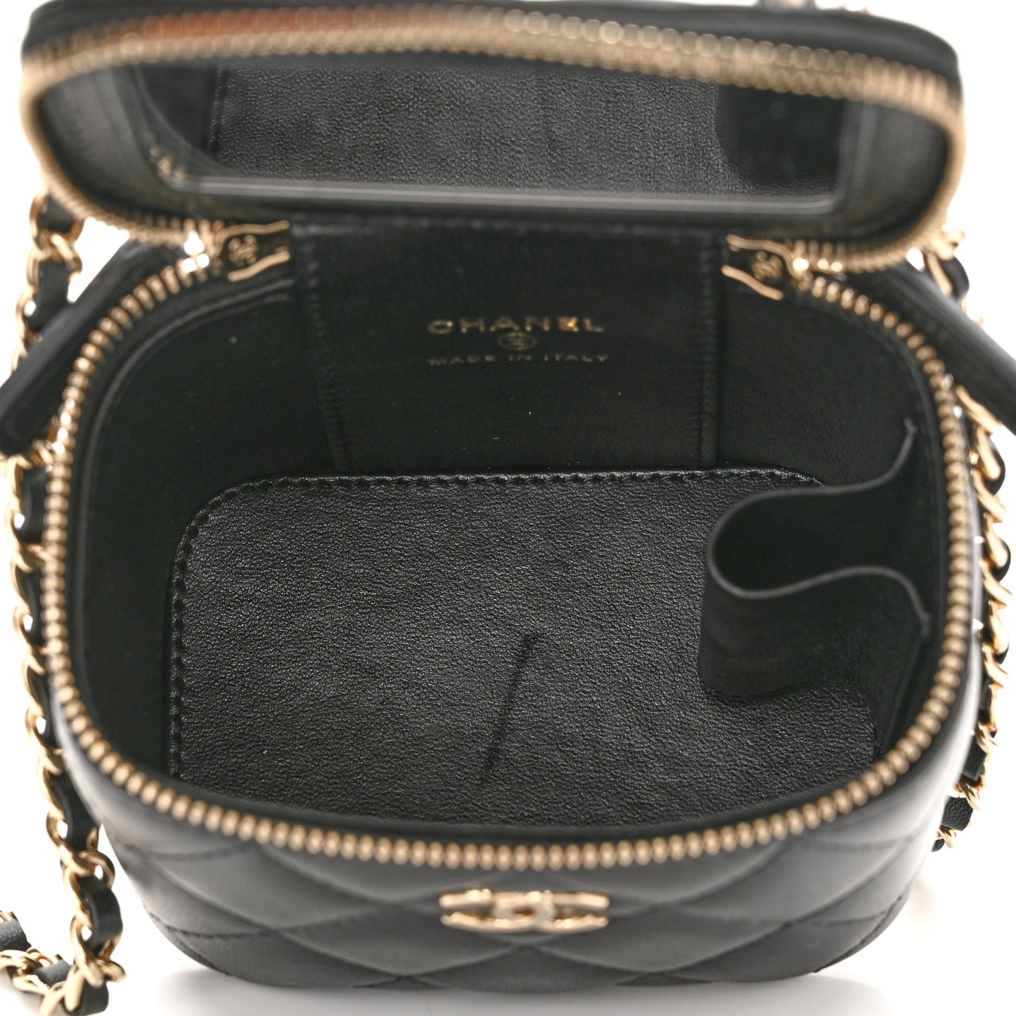 Lambskin Quilted Top Handle Mini Vanity Case With Chain Black