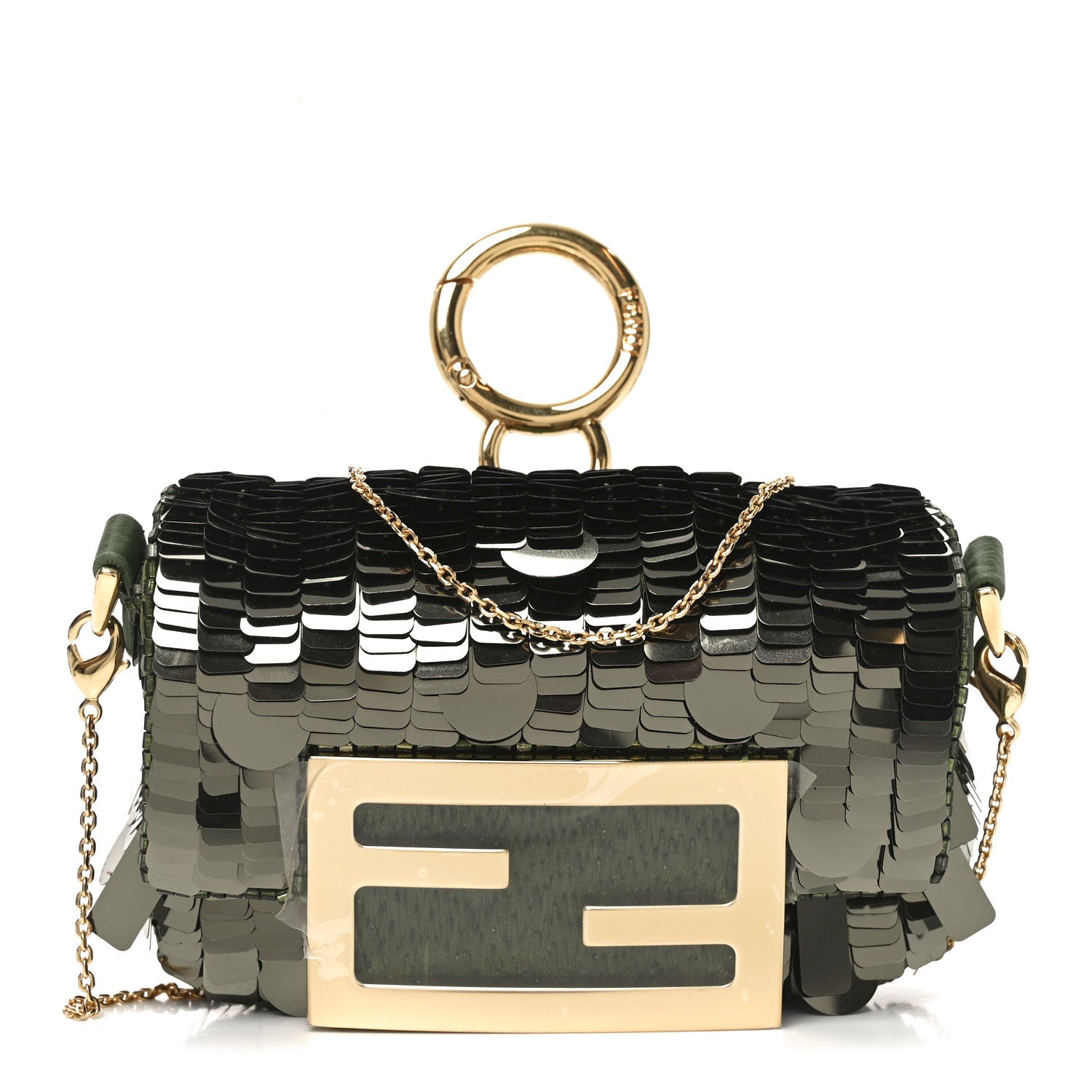Fendi Sequin Paillettes Shiny Nappa Sex and the City Nano Maxi Buckle Baguette Charm Avocado 2 of 17