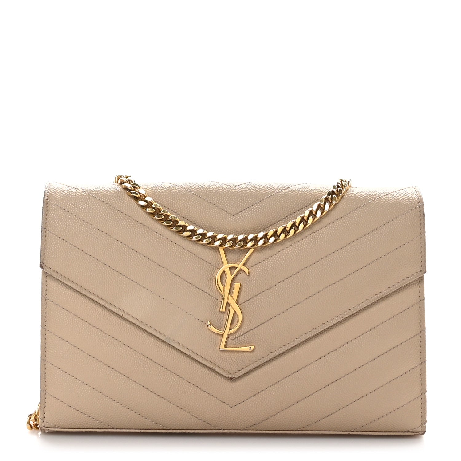 Saint Laurent Grain De Poudre Matelasse Chevron Monogram Chain Wallet Dark Latte 1 of 13