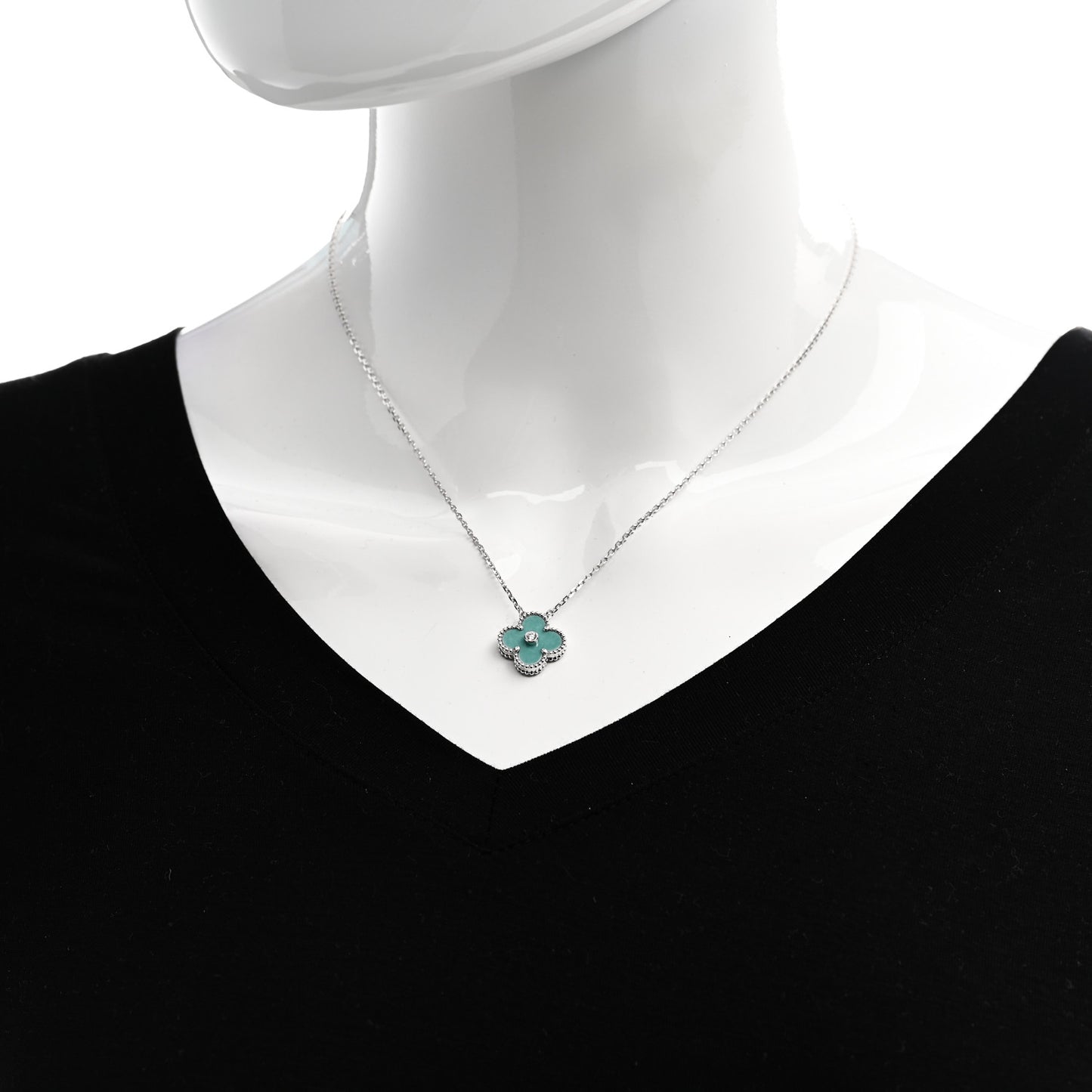 18K White Gold Diamond Celadon Green Sevres Porcelain Vintage Alhambra Pendant Necklace