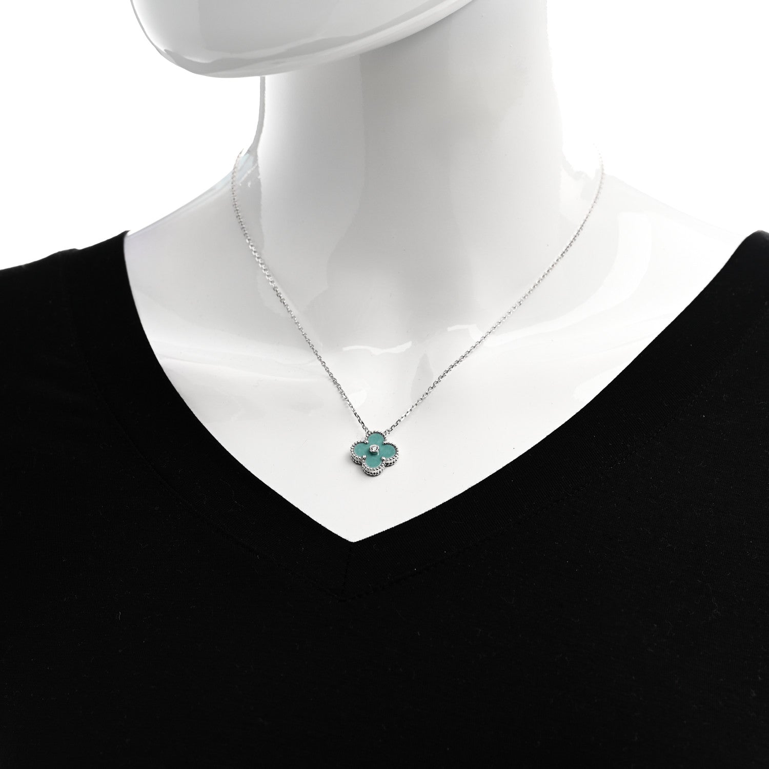 Van Cleef & Arpels 18K White Gold Diamond Celadon Green Sevres Porcelain Vintage Alhambra Pendant Necklace 2 of 6