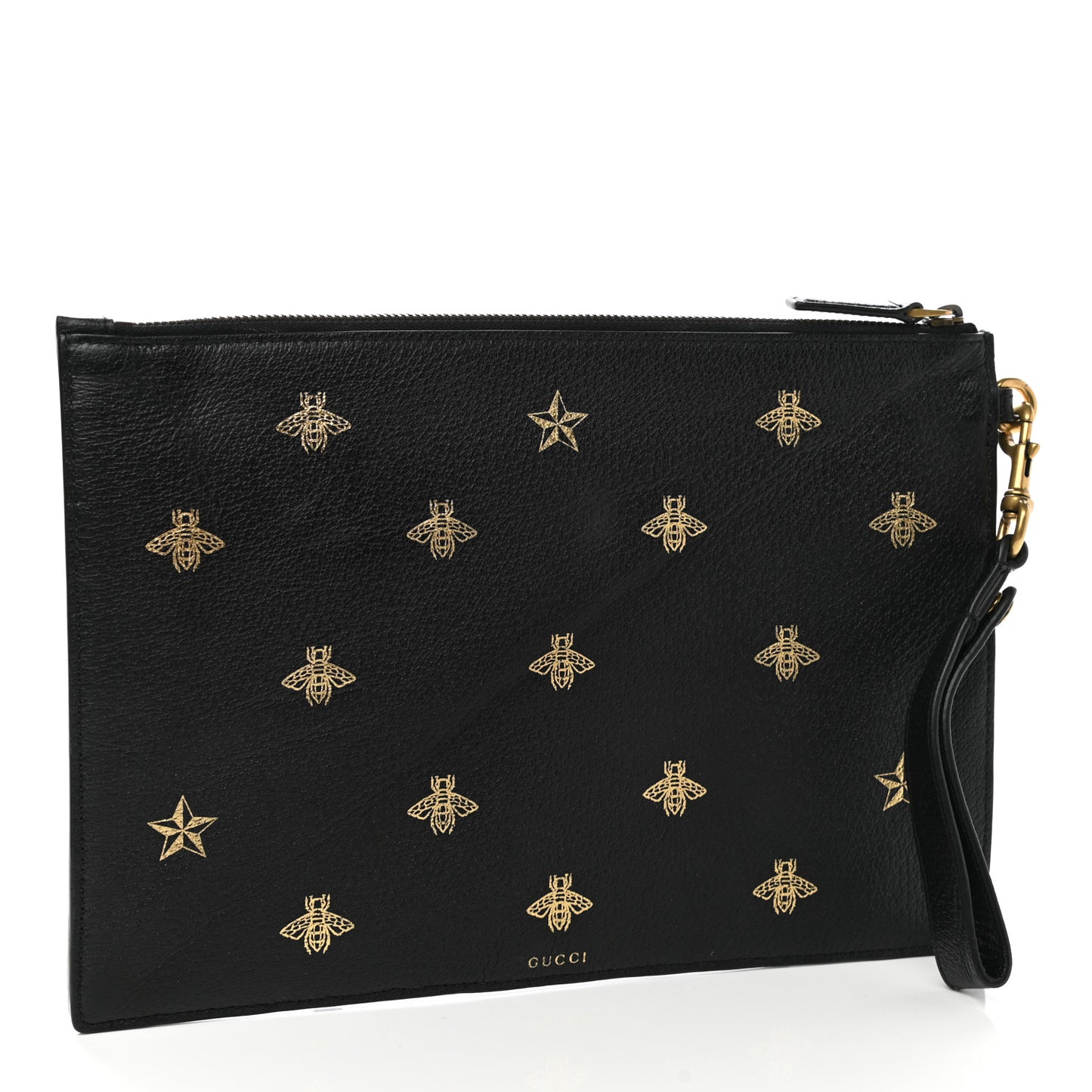 Dollar Calfskin Boar Effect Bee Star Zip Wristlet Pouch Black
