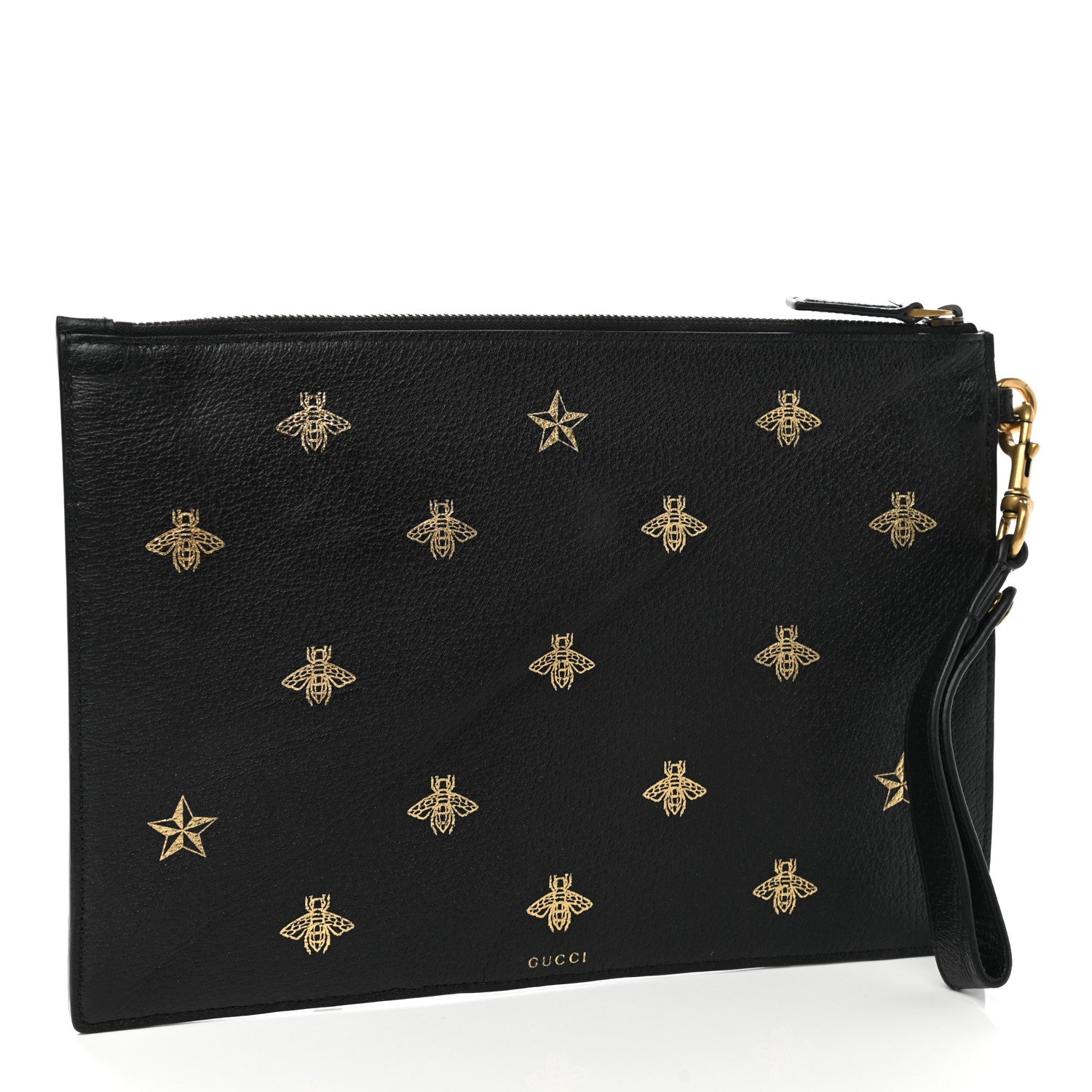 Gucci Dollar Calfskin Boar Effect Bee Star Zip Wristlet Pouch Black 4 of 9