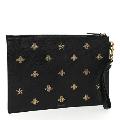 Gucci Dollar Calfskin Boar Effect Bee Star Zip Wristlet Pouch Black 4 of 9