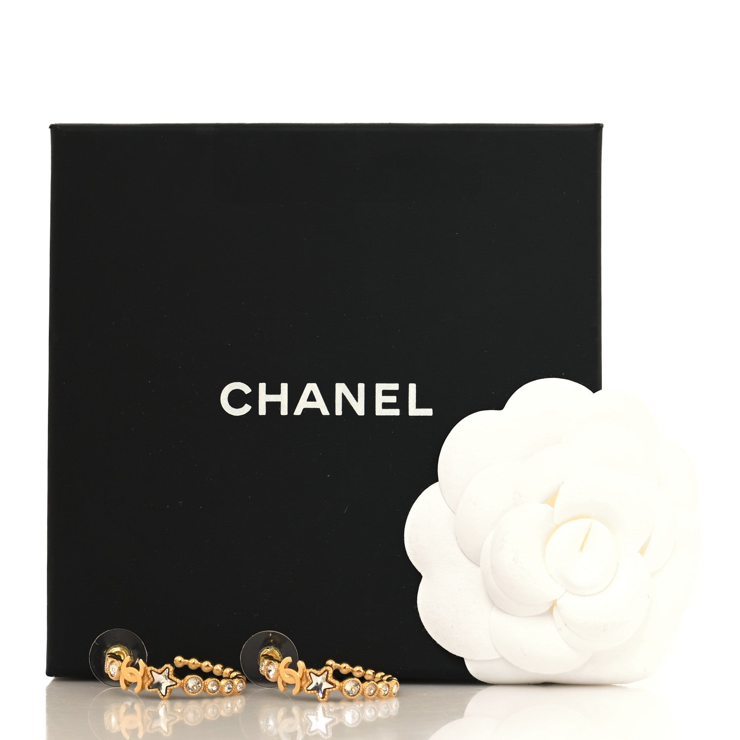 Chanel Metal Strass Crystal Star CC Hoop Earrings Gold 5 of 5