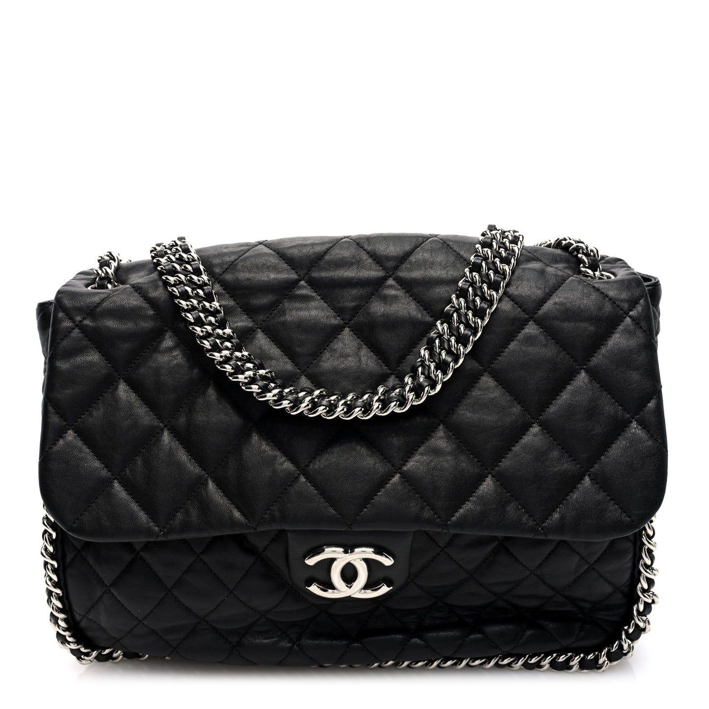 Washed Lambskin Quilted Maxi Chain Around Flap Black