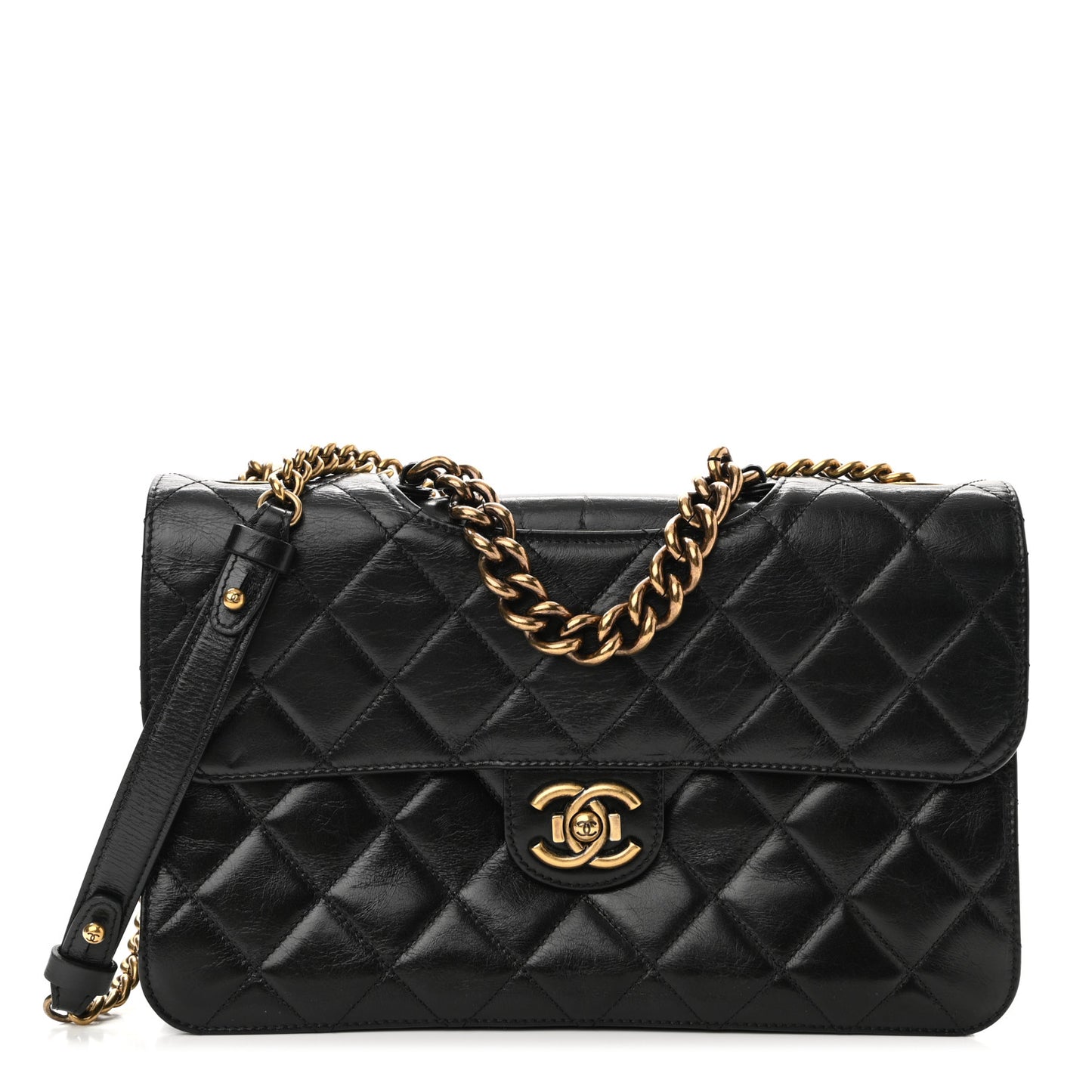Glazed Calfskin Quilted Large Perfect Edge Flap Black