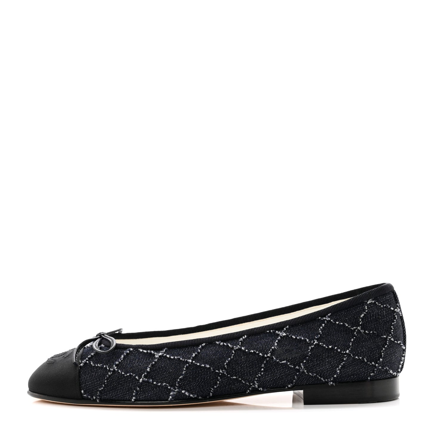 Denim Embroidered Grosgrain CC Cap Toe Ballerina Flats 38.5 Blue Black