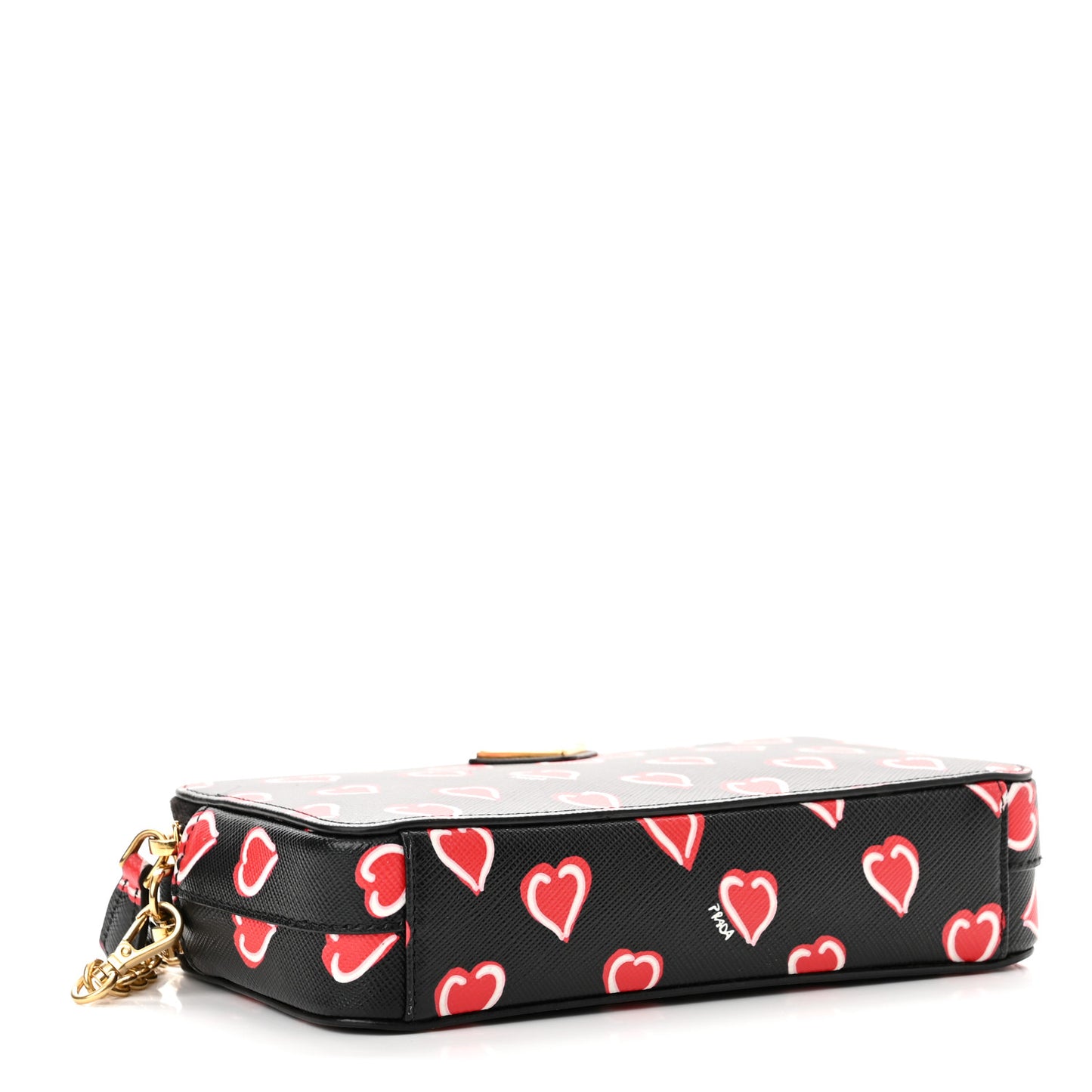 Saffiano Heart Print Mini Double Zip Chain Crossbody Bag Black