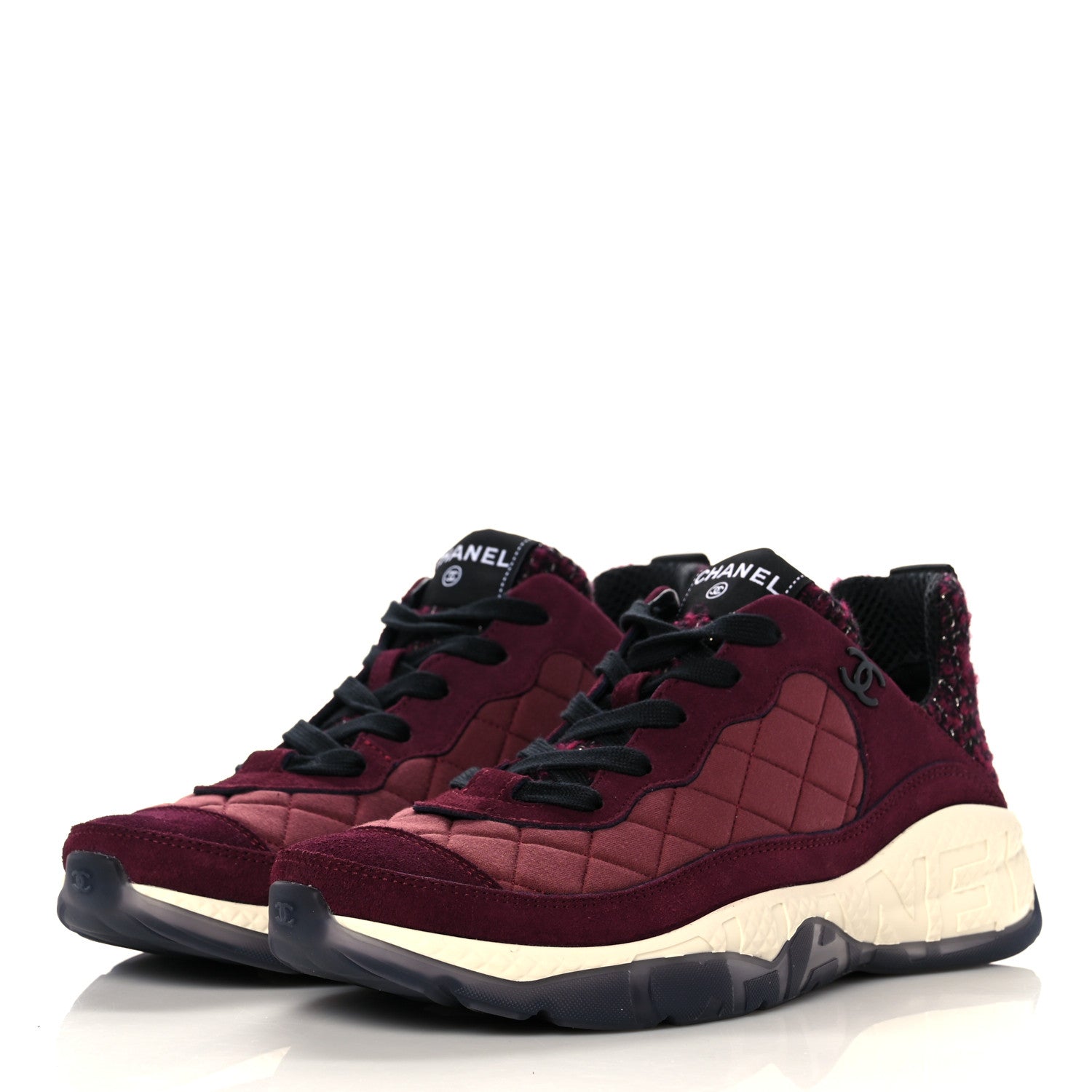 Chanel Tweed Suede Calfskin Grained Calfskin Womens CC Sneakers 39.5 Burgundy Black Silver 3 of 8