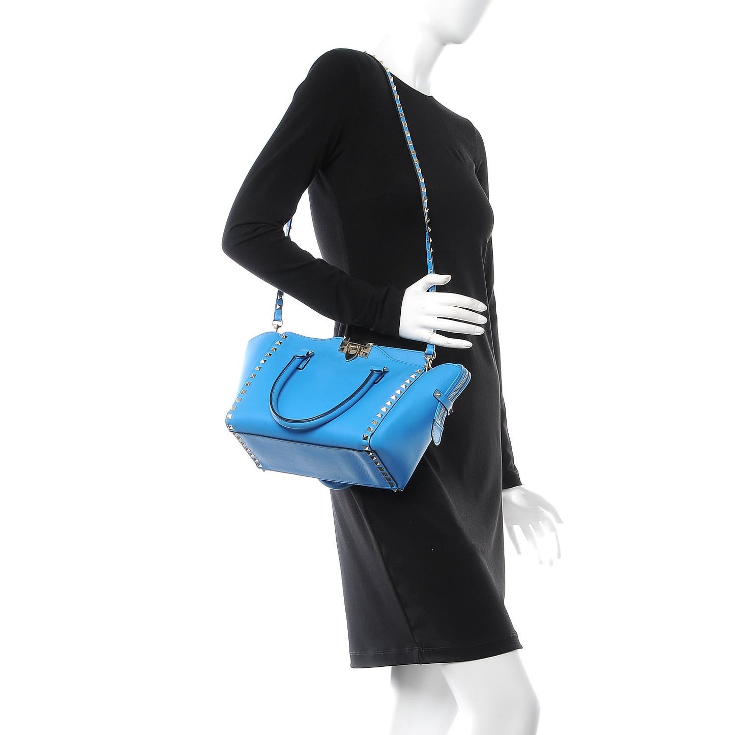 Vitello Mini Rockstud Double Handle Tote Blue Fluo