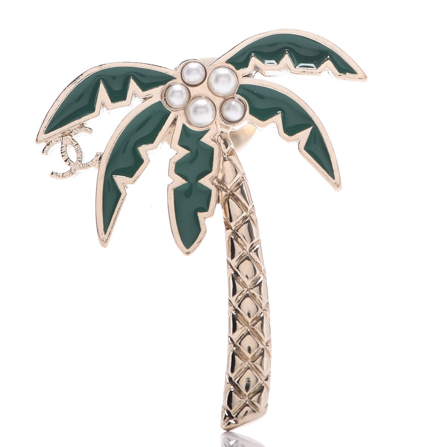 Enamel Pearl Palm Tree Brooch Green Gold