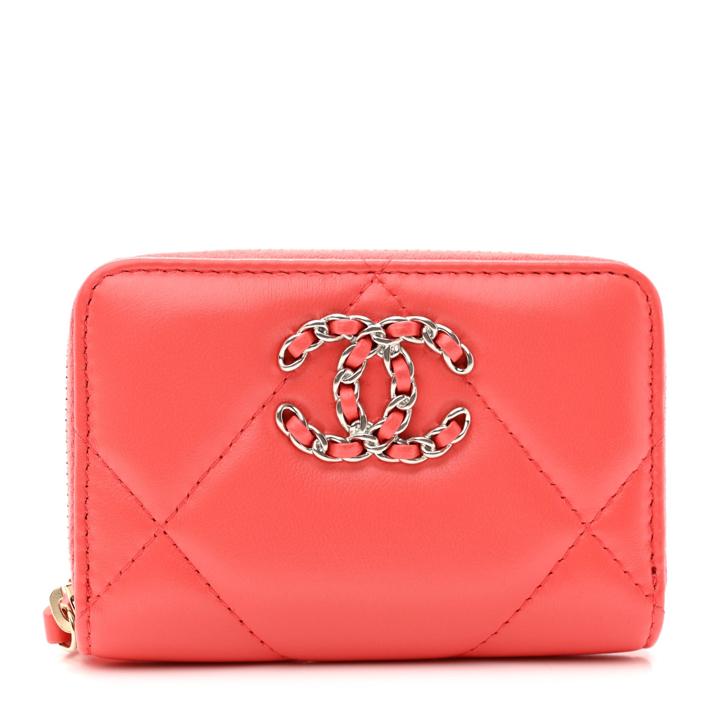 Lambskin Quilted Chanel 19 Zip Around Coin Purse Wallet Coral